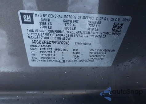 2015 Chevrolet Silverado 1500 1Lt from USA, damaged, VIN 3GCUKREC7FG492243